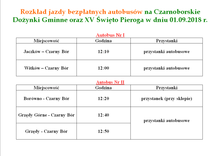 ROZKŁAD JAZDY NA CZARNOBORSKIE DOŻYNKI ORAZ XV DOLNOŚLĄSKIE ŚWIĘTO PIEROGA 01.09.2018r.
