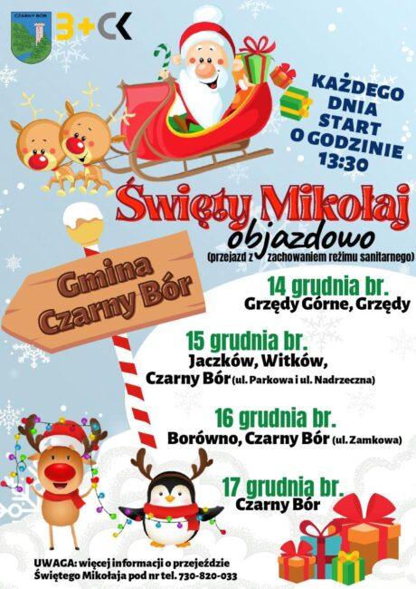 Plakat święty Mikołaj w Gminie Czarny Bór - miejscowości, daty objazdu