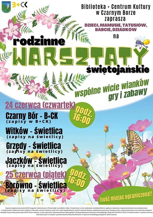 Plakat na Rodzinne Warsztaty Świętojańskie w B+CK w Czarnym Borze oraz na świetlicach.