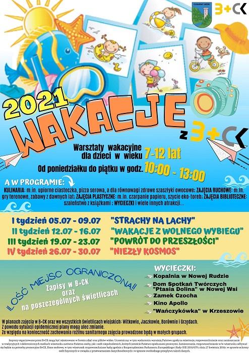 Plakat na warzsztaty wakacyjne 2021 w Biobliotece+Centrum Kultury w Czarnym Borze oraz na świetlicach w Witkowie, Jaczkowie, Borównie i Grzędach