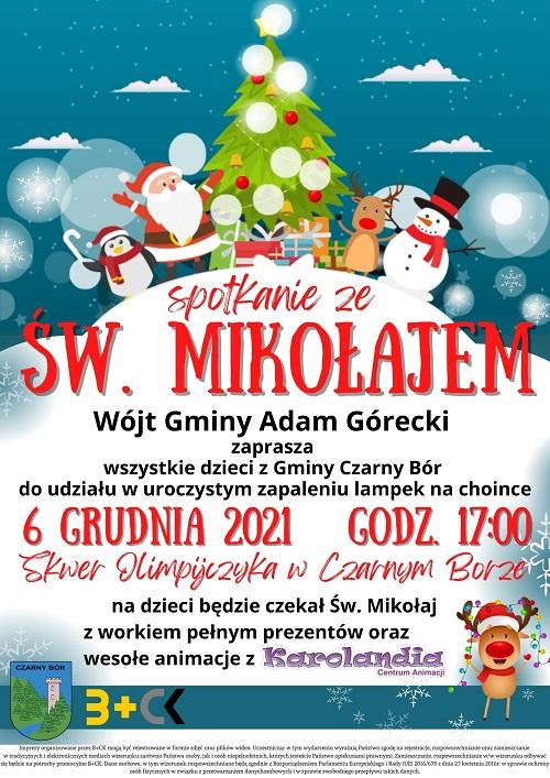 Plakat na spotkanie ze Św. Mikołajem w Gminie Czarny Bór, na Skwerze Olimpijczyka.