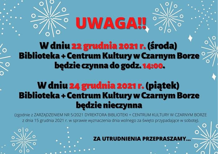 Ogłoszenie o zamkniętej bibliotece w Czarnym Borze