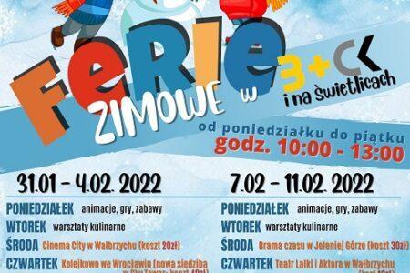 Plakat z ofertą ferii 2022 w Bibliotece +Centrum Kultury w Czarnym Borze oraz na świetlicach w Witkowie, Jaczkowie, Borównie i Grzędach