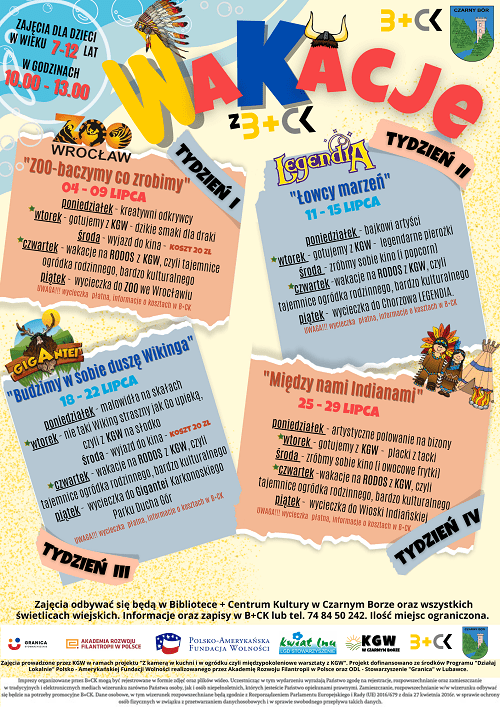Plakat na zajęcia wakacyjne w B+CK oraz na świetlicach w gminie Czarny Bór