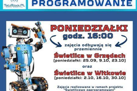Plakat promujący zajęcia z robotyki w świetlicach w Witkowie i Grzędach