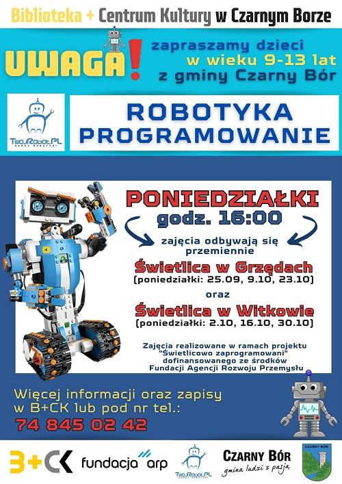 Plakat promujący zajęcia z robotyki w świetlicach w Witkowie i Grzędach