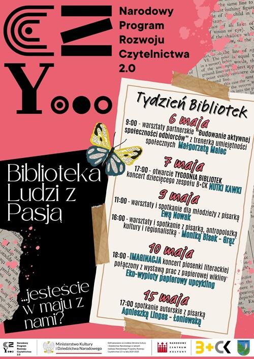 Plakat promujący tydzień bibliotek w czarnoborskim B+CK