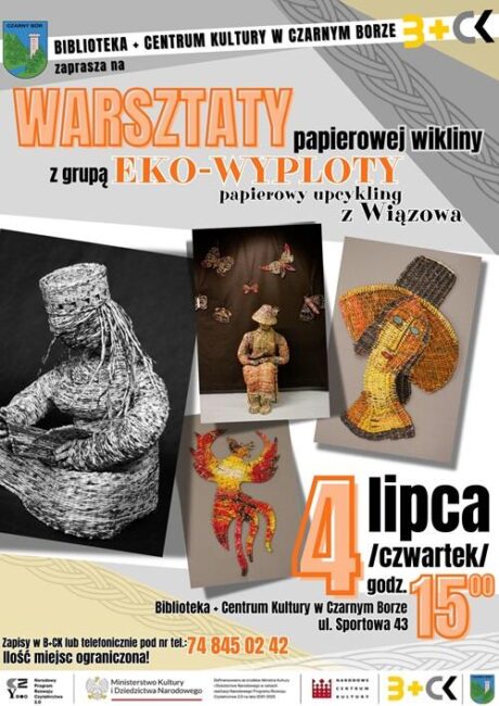 plakat promujący warsztaty z papierowej wikliny w B+CK w Czarnym Borze