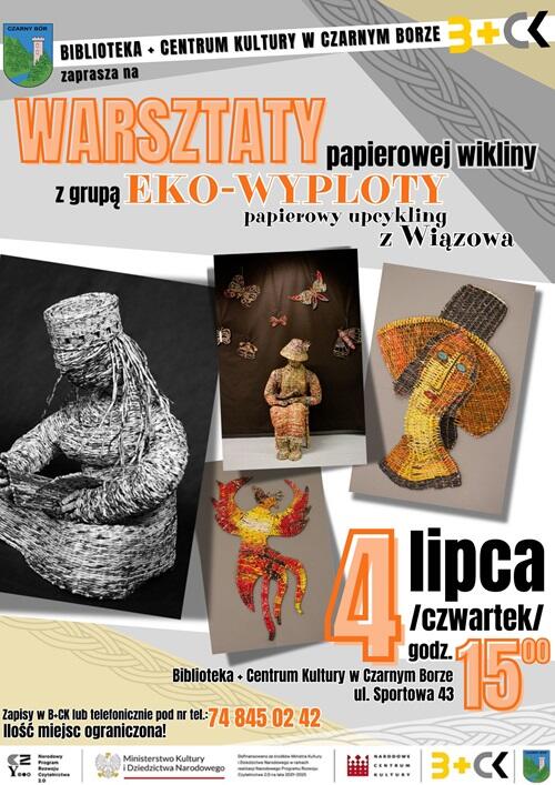 plakat promujący warsztaty z papierowej wikliny w B+CK w Czarnym Borze