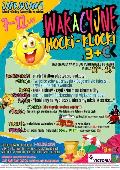 Plakat promujący zajęcia wakacyjne w gminie Czarny Bór