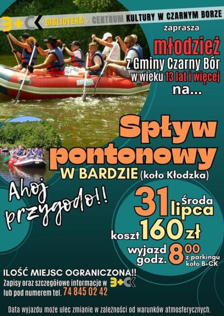 Plakat promujący spływ pontonowy dla młodzieży