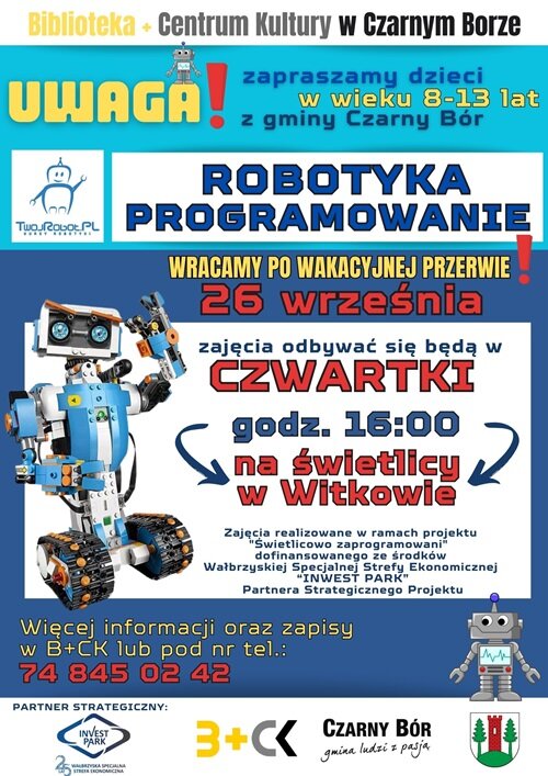 Plakat promujący warsztaty z robotyki na świetlicy w Witkowie