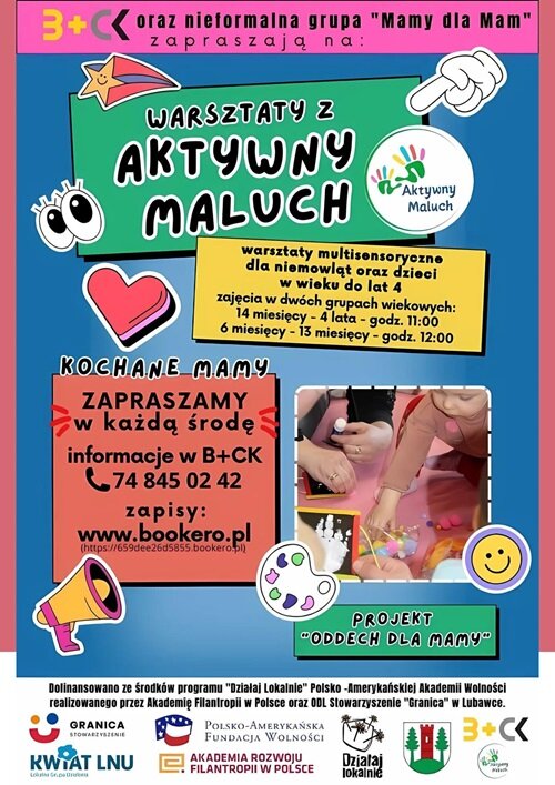Plakat promujący warsztaty "Aktywny Maluch" w B+CK w Czarnym Borze