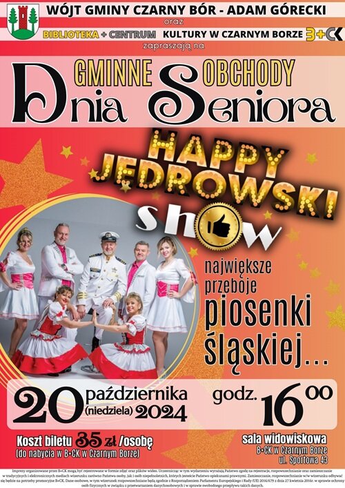 Plakat promujący Gminne Obchody Dnia Seniora z zespołem Happy Jędrowski Show
