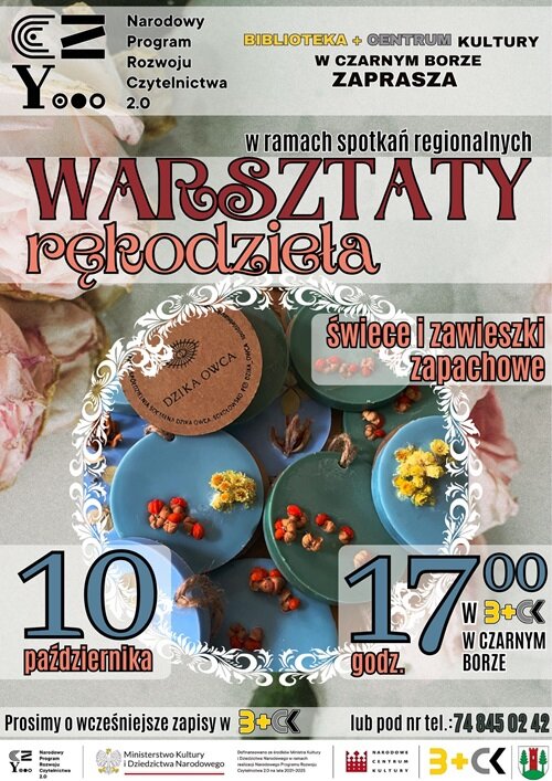 Plakat promujący warsztaty rękodzieła w B+CK - świece i zawieszki zapachowe