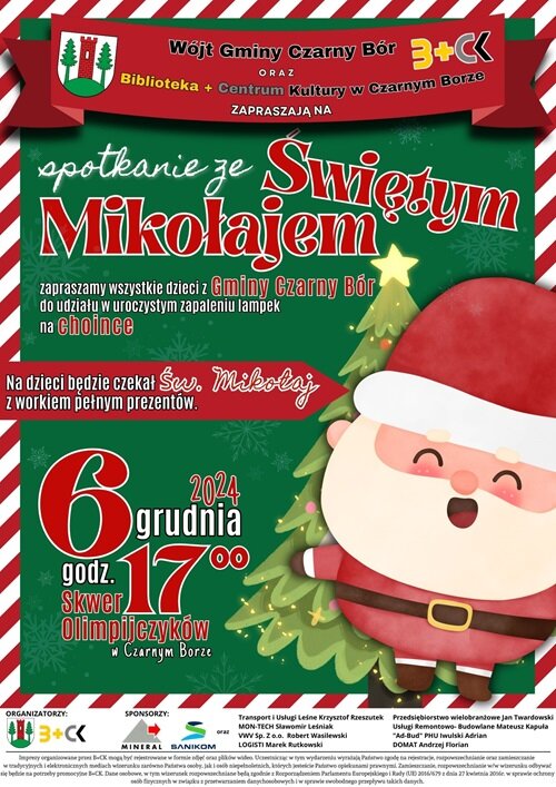 Plakat promujący spotkanie ze świętym Mikołajem w Gminie Czarny Bór