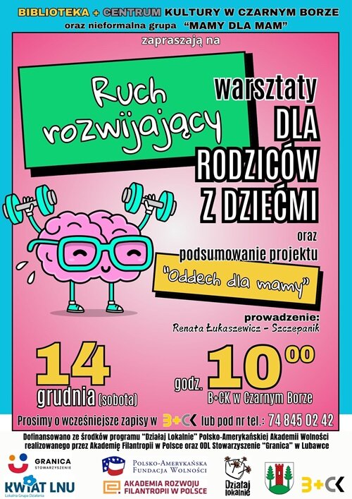 Plakat promujący warsztaty z ruchu rozwijającego dla rodziców i dzieci w B+CK