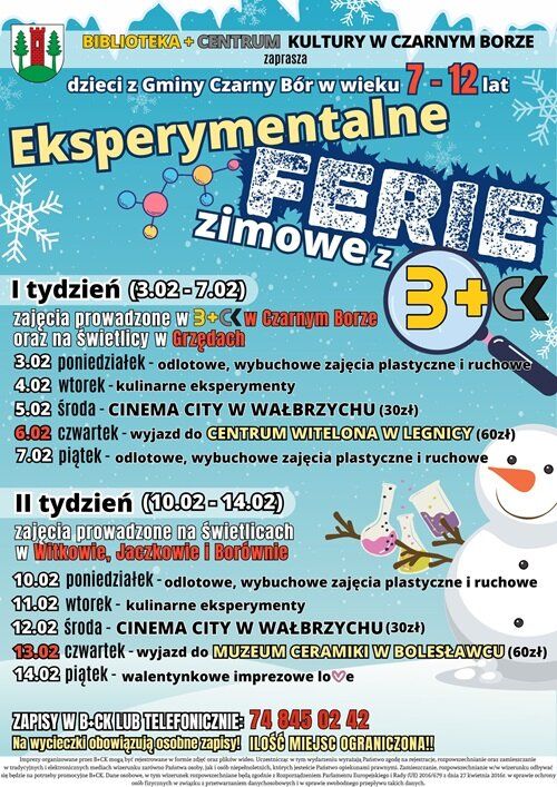Plakat promujący ferie zimowe 2025 w B+CK oraz w Gminie Czarny Bór