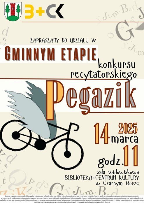Plakat promujący Gminny Etap Konkursu Recytatorskiego Pegazik