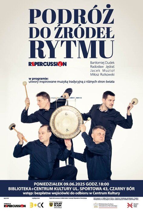 Plakat promujący koncert "Podróż do źródeł rytmu" w wykonaniu zespołu Repercussion