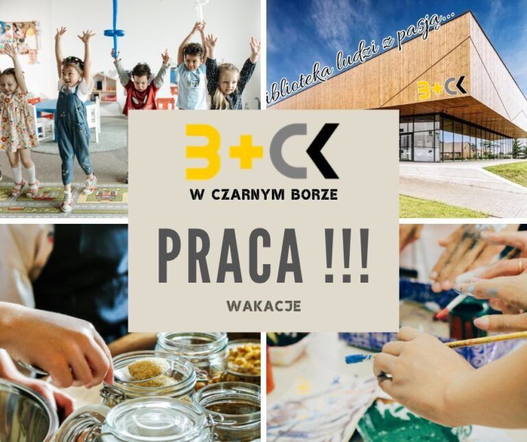 Ogłoszenie o pracę. W tle dzieci, budynek biblioteki, warsztaty malarskie i kulinarne