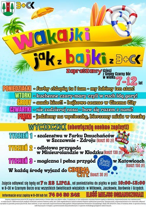 Plakat promujący zajęcia wakacyjne w B+CK i na świetlicach