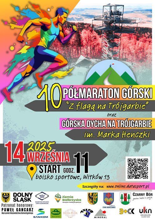 Plakat promujący 10 półmaraton górski "Z flagą na Trójgarbie" oraz Górska Dycha na Trójgarbie im. Marka Henczki