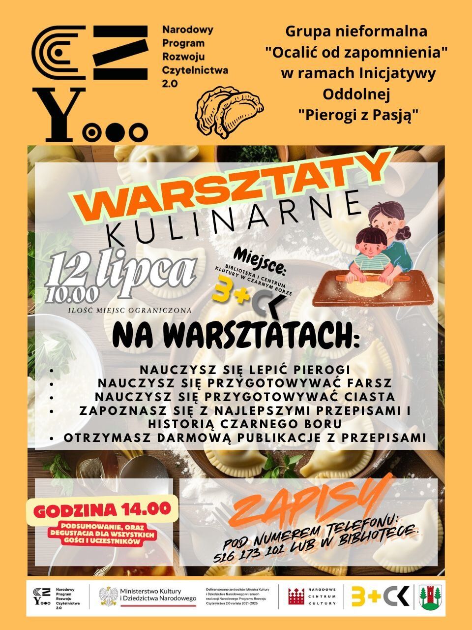 plakat zapraszający na warsztaty pierogowe i podsumowanie projektu "Ocalić od zapomnienia"