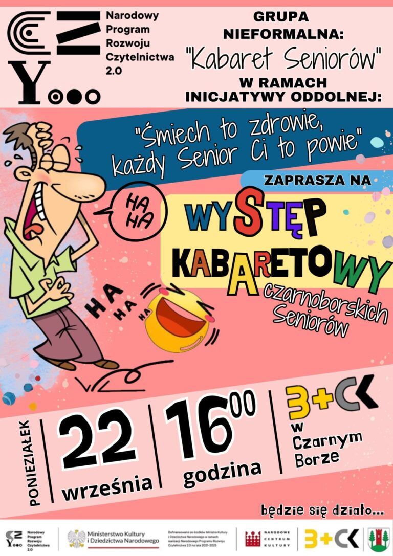 plakat zapraszający na kabaret seniora w B+CK 22 września o godz. 16.00