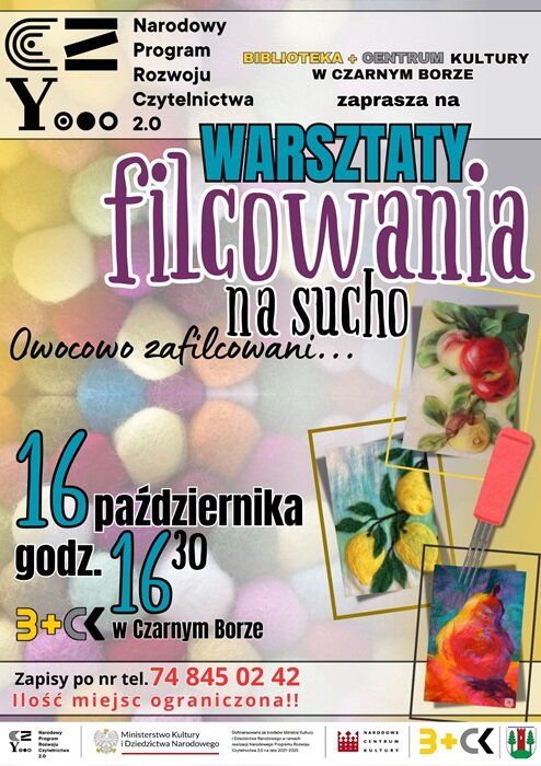 Plakat promujący warsztaty filcowania na sucho