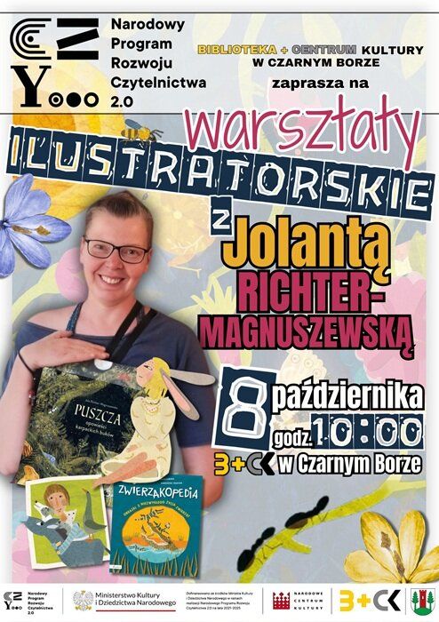 plakat promujący warsztaty ilustratorskie dla dzieci w B+ck w Czarnym Borze