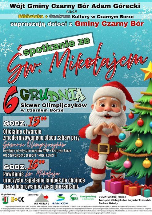 Plakat promujący spotkanie ze Św. Mikołajem w gminie Czarny Bór