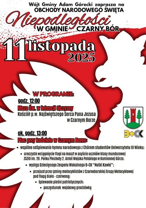 Plakat promujący Gminne obchody święta Niepodległości w Gminie Czarny Bór