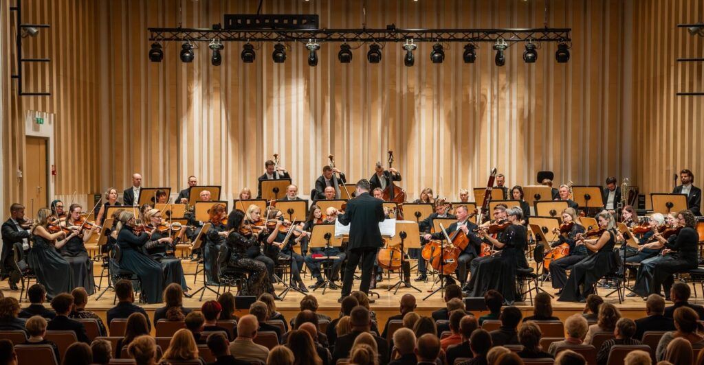 orkiestra filharmonii na scenie podczas koncertu