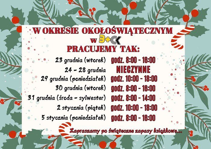 Plakat informujący o godzinach otwarcia B+CK w okresie okołoświątecznym