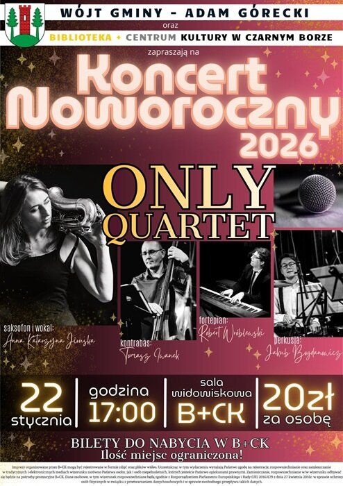 Plakat promujący Koncert Noworoczny w B+CK wystąpi na nim zespół Olny Quintet