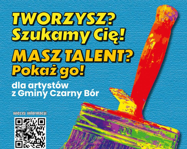 Plakat promujący wydarzenie Artyści, pokażcie się! kolorowy, rastrowy pędzel i napisy zachecające do wzięcia udziału.