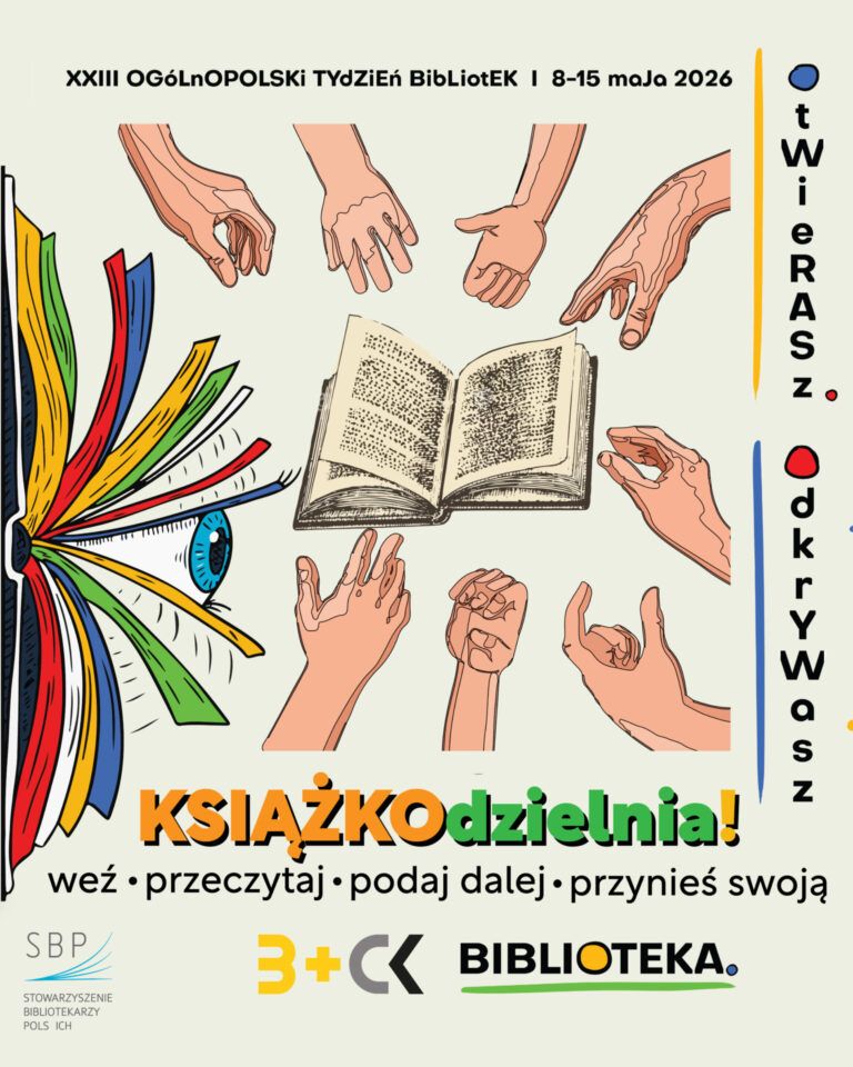 KRĄG KSIĄŻKI TRWA Zapraszamy do udziału w akcji bibliotecznej „Książkodzielnia”, której ideą jest wymiana książek pomiędzy czytelnikami według prostej zasady: weź – przeczytaj – podaj dalej. To doskonała okazja, aby dać książkom drugie życie, odkryć nowe tytuły oraz podzielić się własnymi lekturami z innymi. Zachęcamy do włączenia się w „krąg książki” i wspólnego tworzenia miejsca, w którym książki nieustannie krążą między czytelnikami. Prosimy, aby przynoszone książki były w bardzo dobrym stanie – kompletne, czyste i zadbane. Biblioteka nie zbiera makulatury. Zapraszamy do udziału w akcji.
