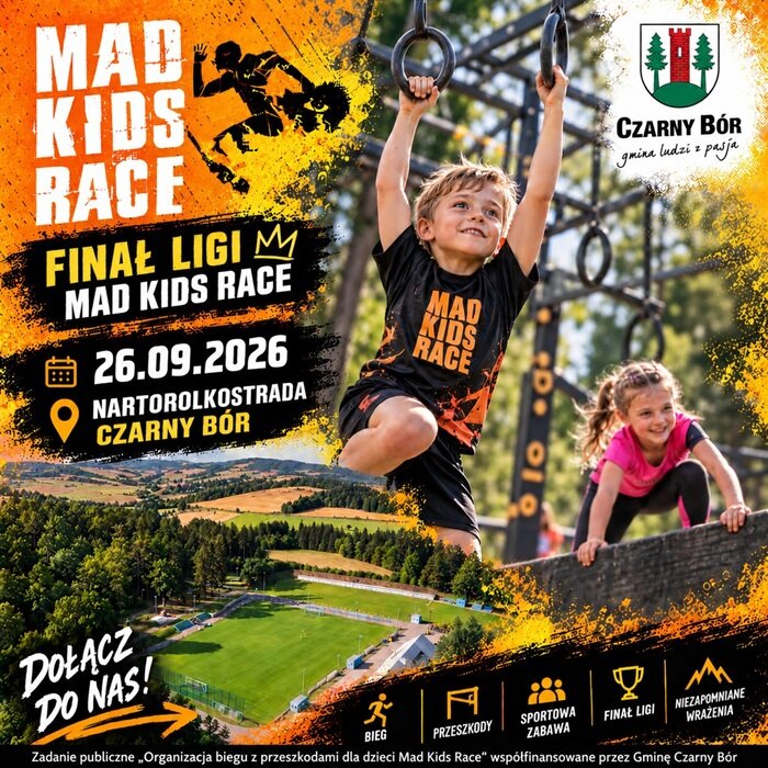 plakat promujący wydarzenie dla dzieci MAD KIDS RACE – FINAŁ LIGI , które odbędzie się na Nartorolkostradzie w Czarnym Borze
