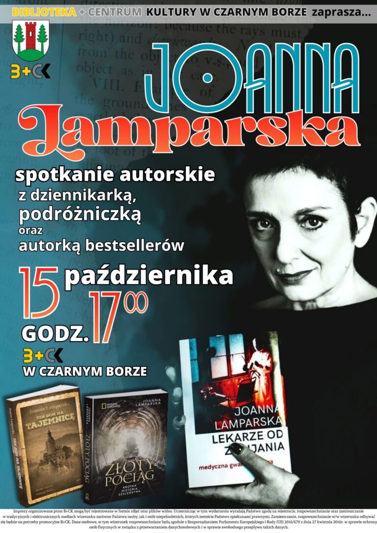 Plakat: spotkanie z Joanną Lamparską 15.10.2026. o godz. 17.00